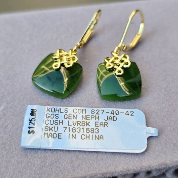 Dynasty Jade ✦ Nephrite Jade Drop Earrings ✦ 18k Gold Over Sterling Silver NWT - Picture 12 of 17